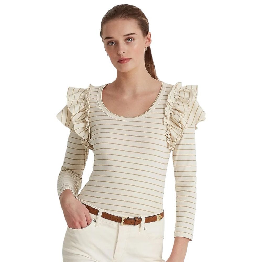 Lauren Ralph Lauren Black Label Women’s Metallic Striped Ruffle Trim Knit Top S